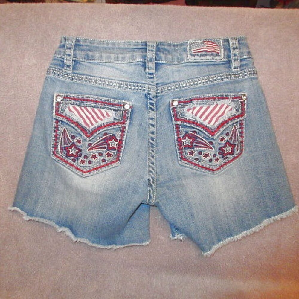 Vtg Y2K Shyanne Low Rise Jean Shorts 28 Cut Offs Embroidered Stars Patriotic 90s
